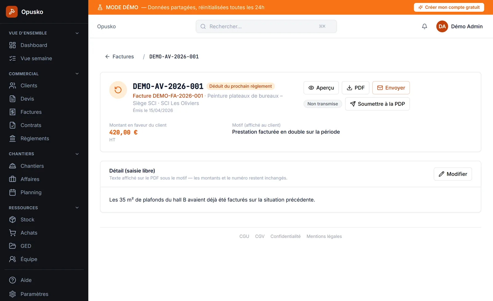 Fiche d'un avoir : montant en faveur du client, motif affiché au client et détail en saisie libre